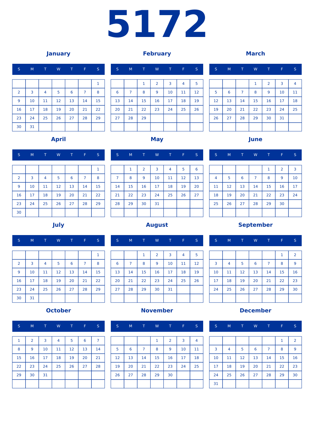 Printable 5172 Year Calendars smalt