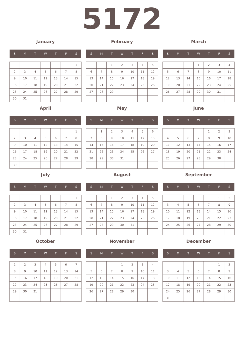 Printable 5172 Year Calendars wenge