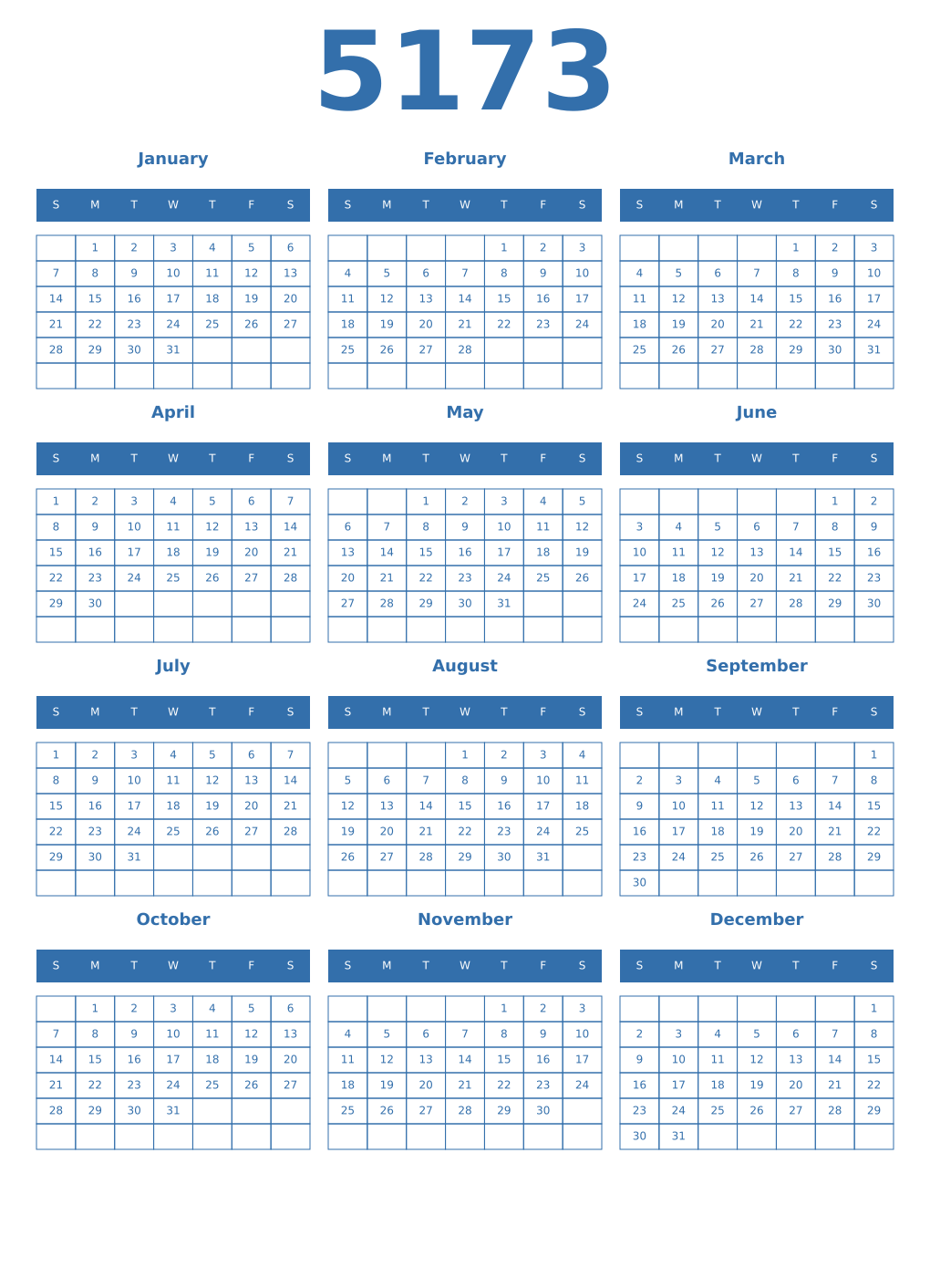 Printable 5173 Year Calendars blue