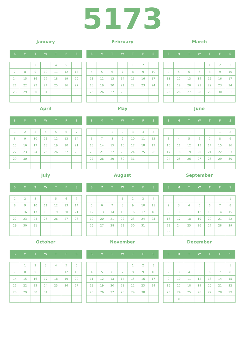 Printable 5173 Year Calendars celadon