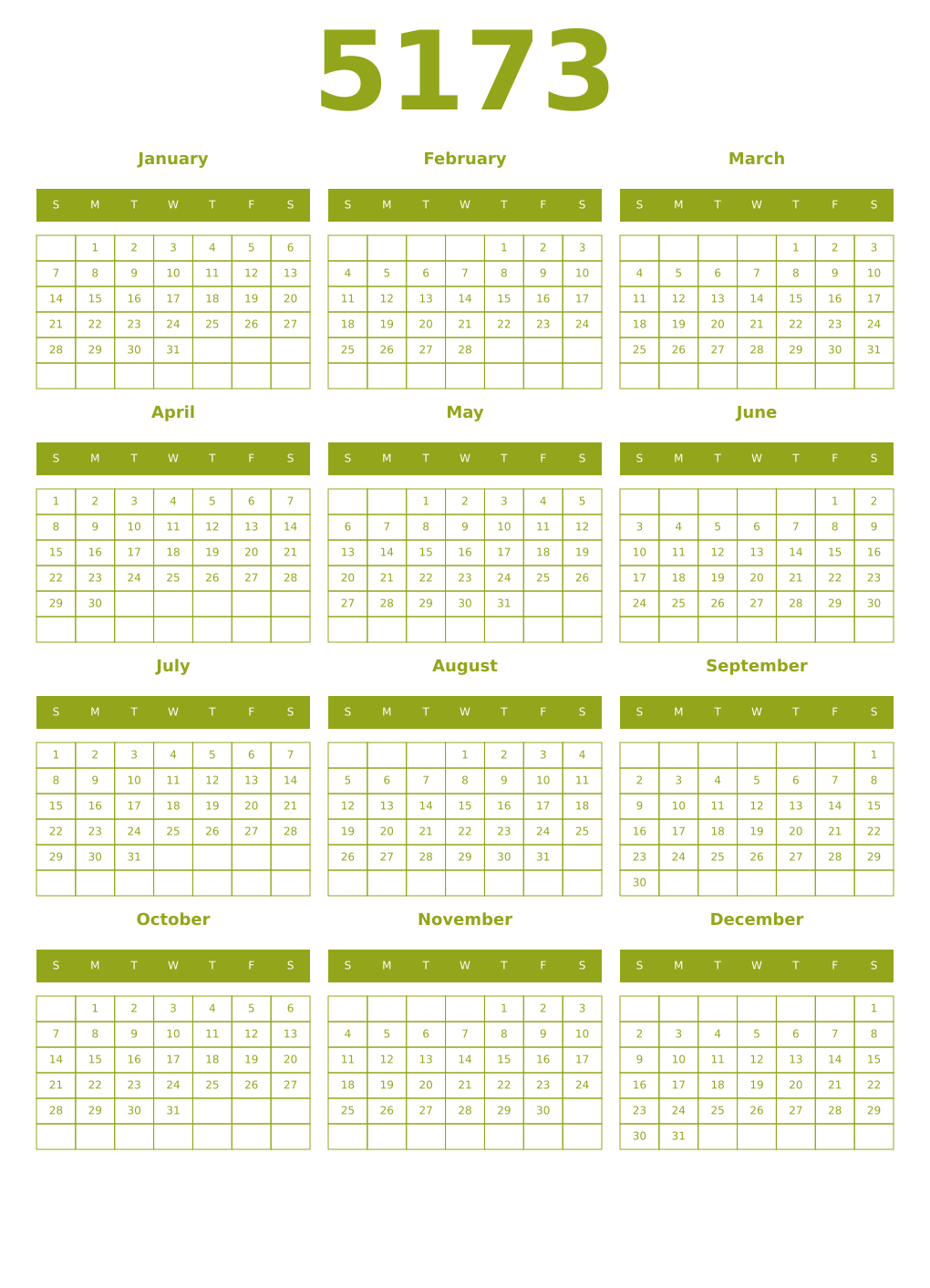 Printable 5173 Year Calendars chartreuse