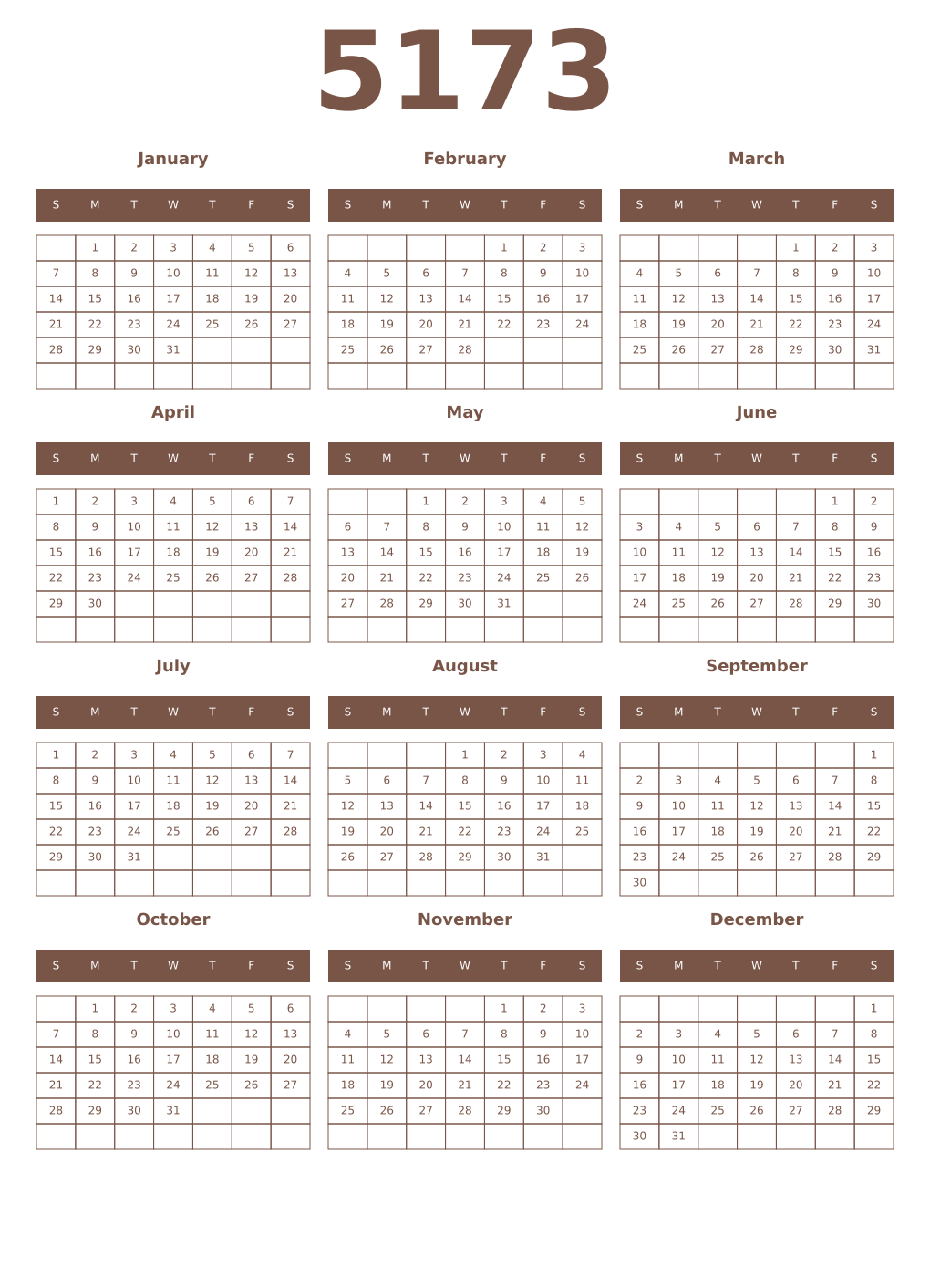 Printable 5173 Year Calendars coffe