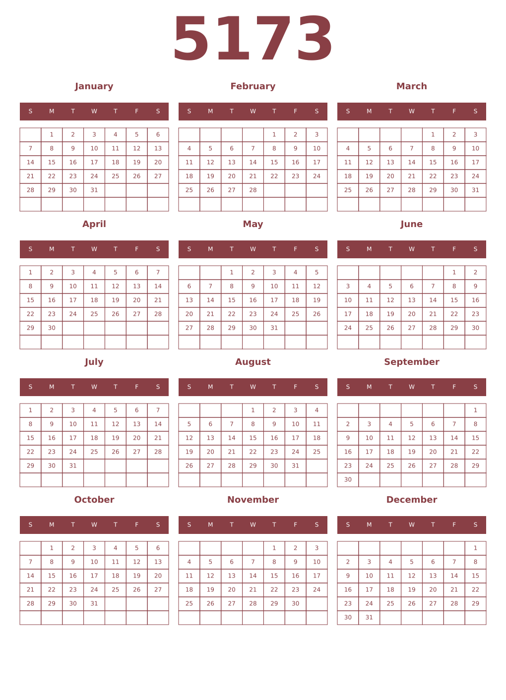 Printable 5173 Year Calendars cordovan