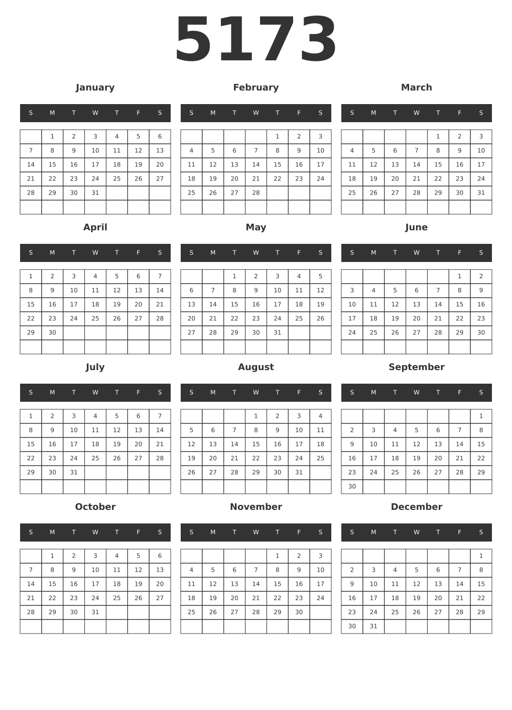 Printable 5173 Year Calendars dark