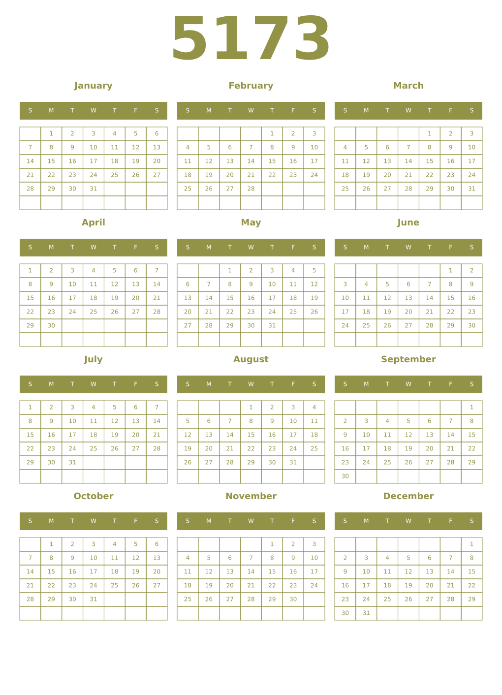Printable 5173 Year Calendars eburnean