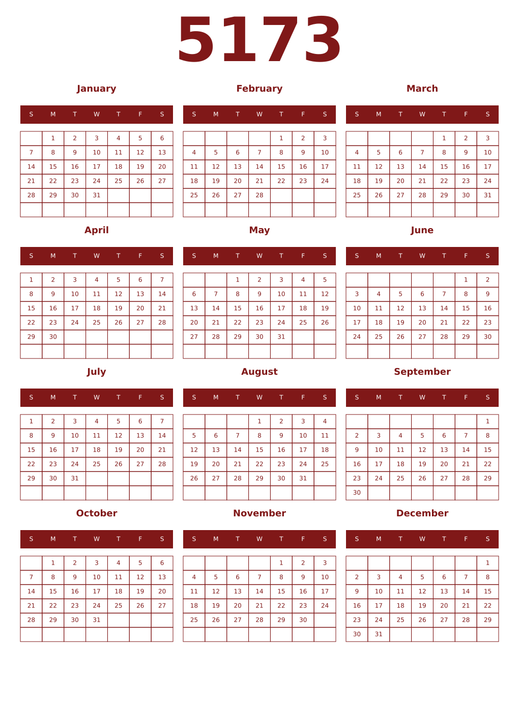 Printable 5173 Year Calendars falu