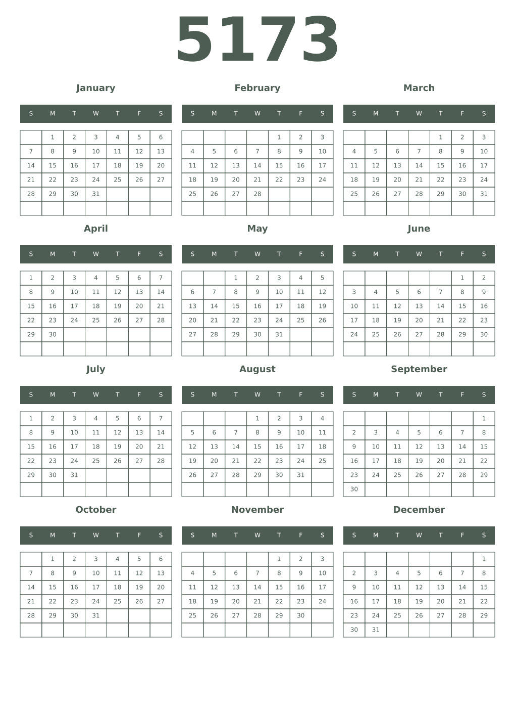 Printable 5173 Year Calendars feldgrau