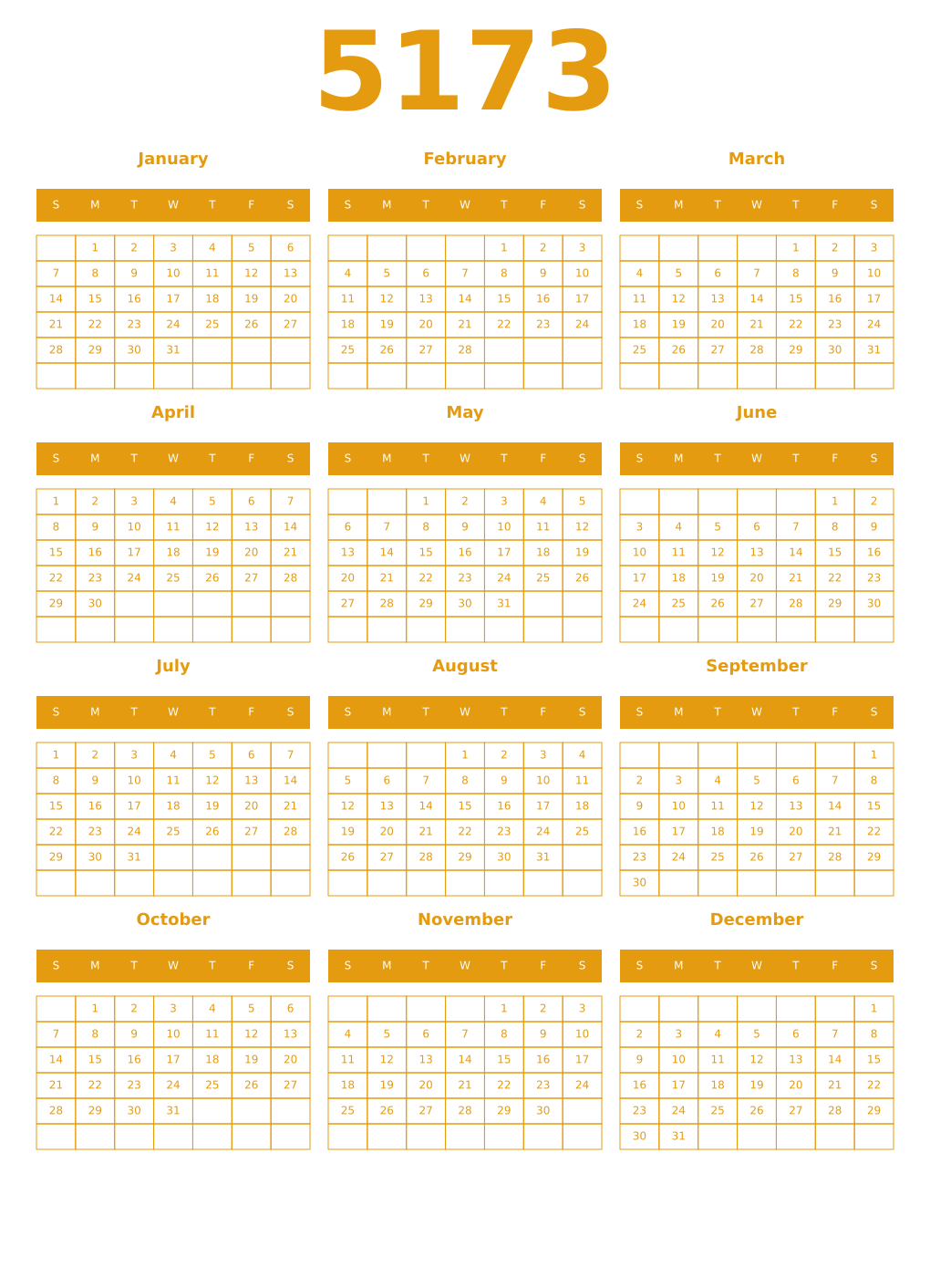 Printable 5173 Year Calendars gamboge