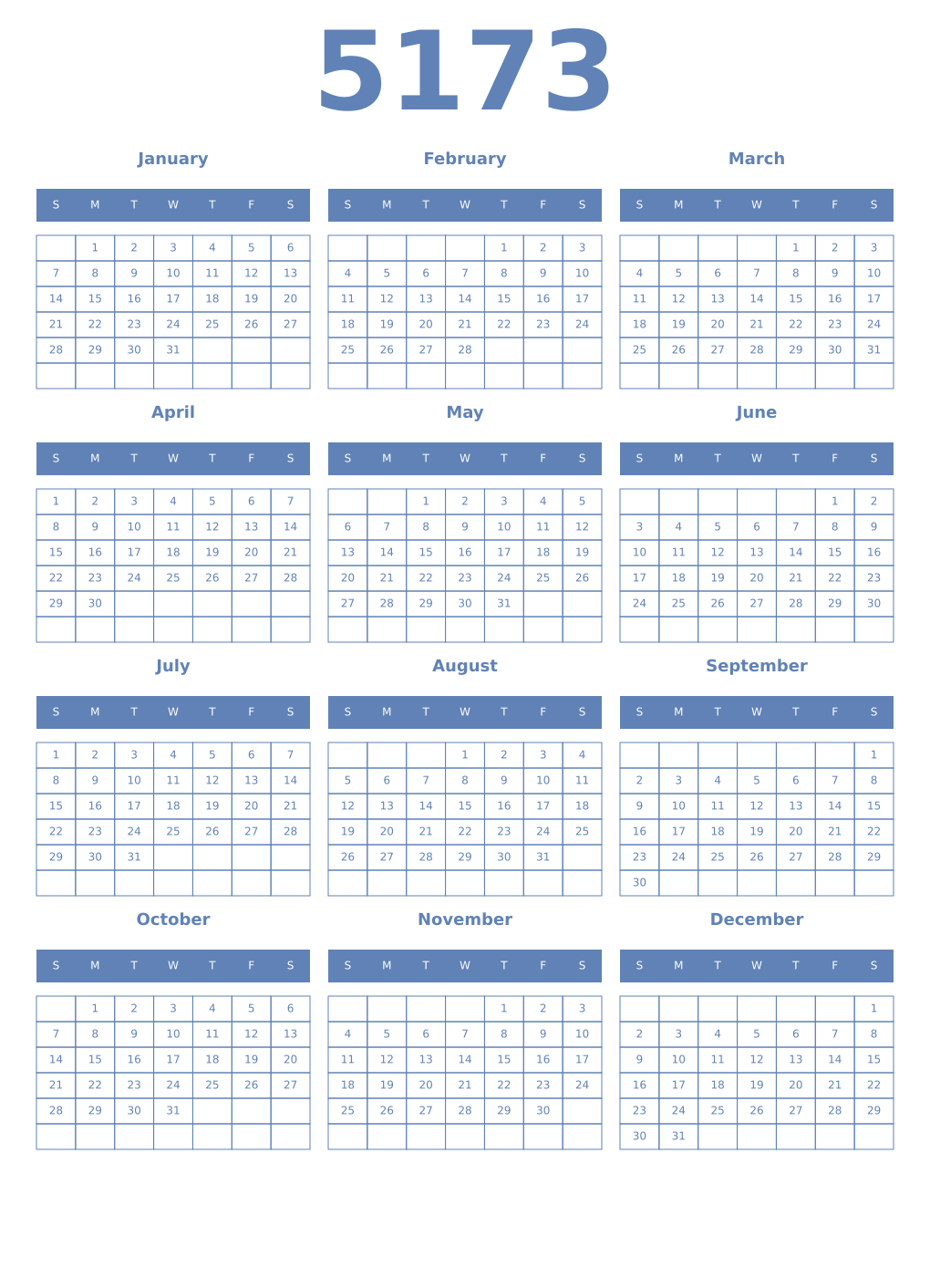 Printable 5173 Year Calendars glaucous