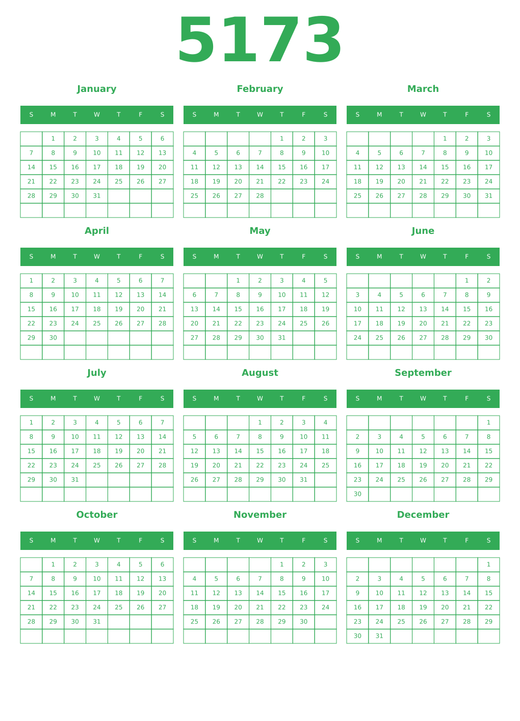 Printable 5173 Year Calendars green