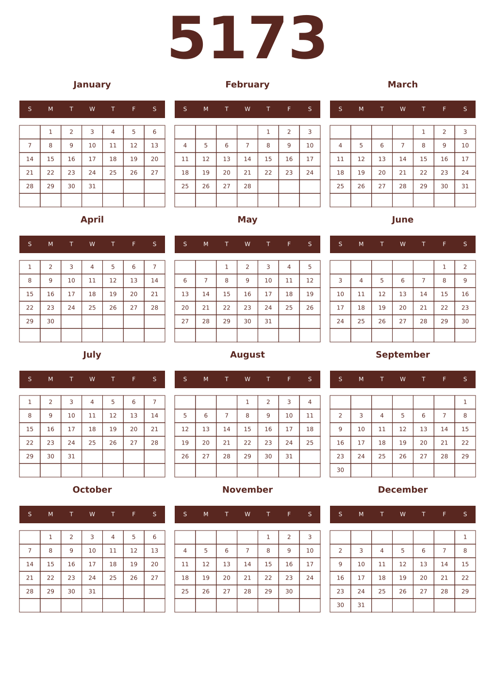Printable 5173 Year Calendars mortuum