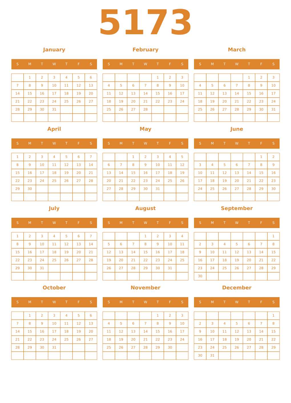Printable 5173 Year Calendars orange