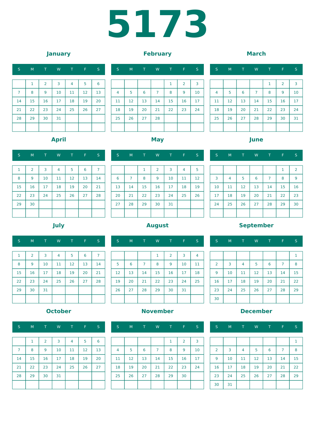 Printable 5173 Year Calendars pastel