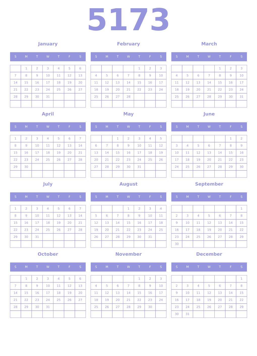 Printable 5173 Year Calendars periwinkle