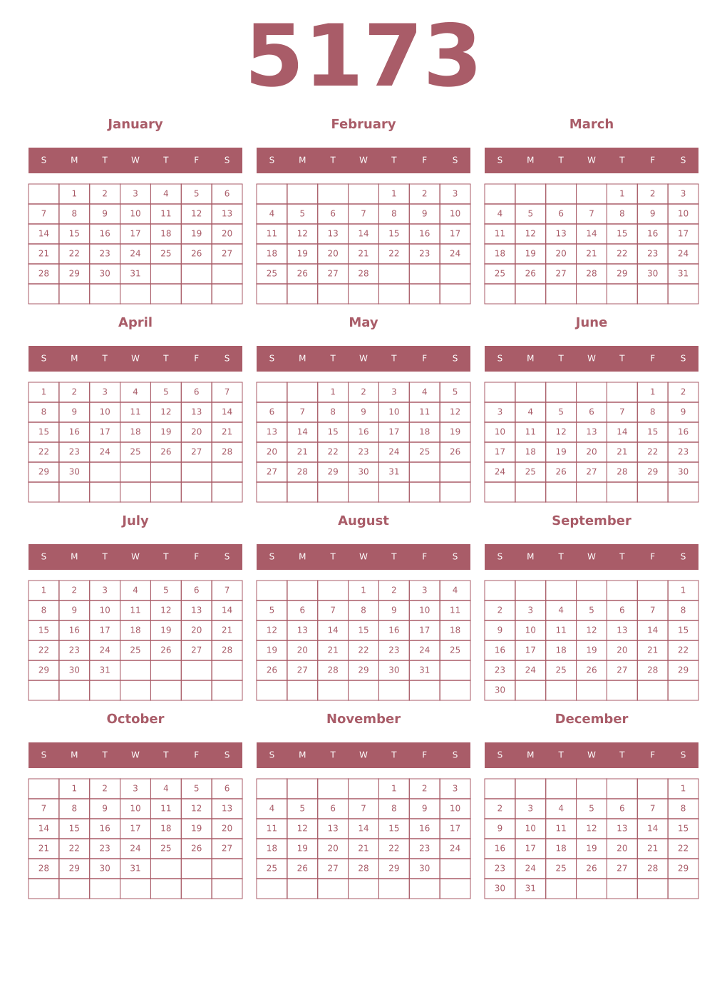 Printable 5173 Year Calendars puce
