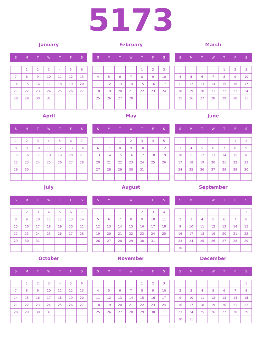 Printable 5173 Year Calendars purple