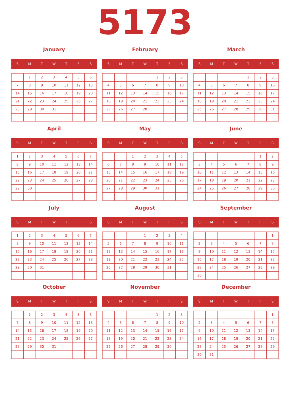 Printable 5173 Year Calendars red