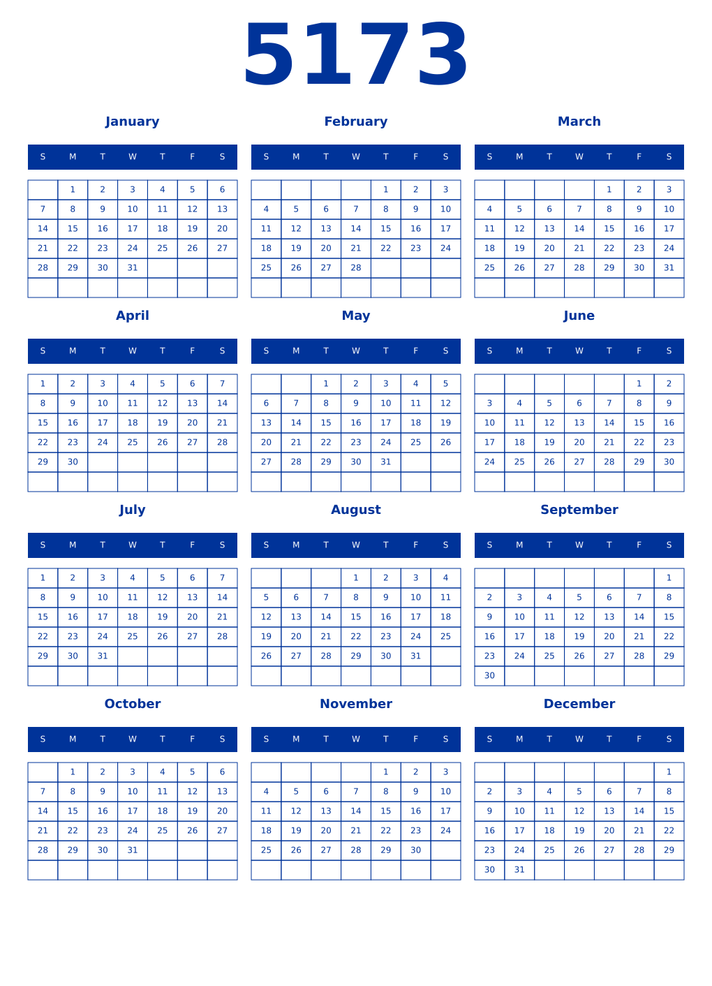 Printable 5173 Year Calendars smalt