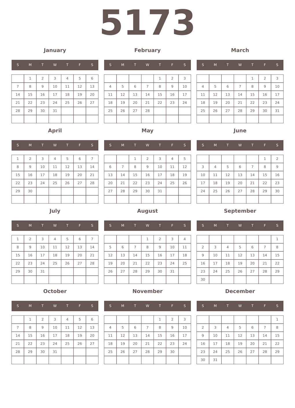 Printable 5173 Year Calendars wenge