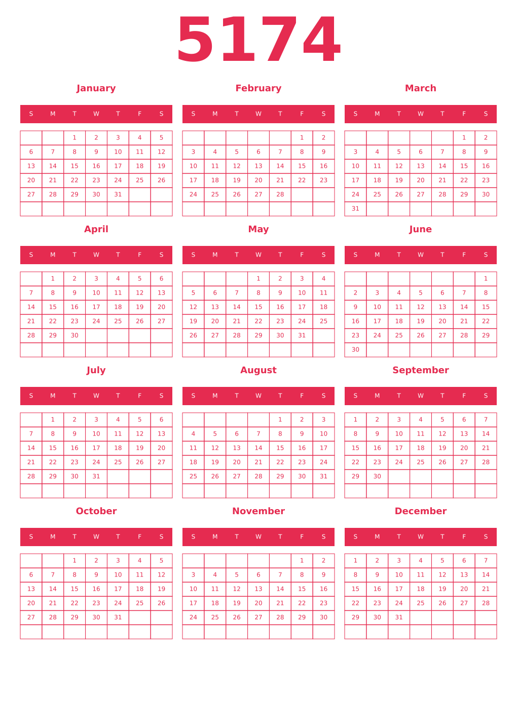 Printable 5174 Year Calendars amaranth