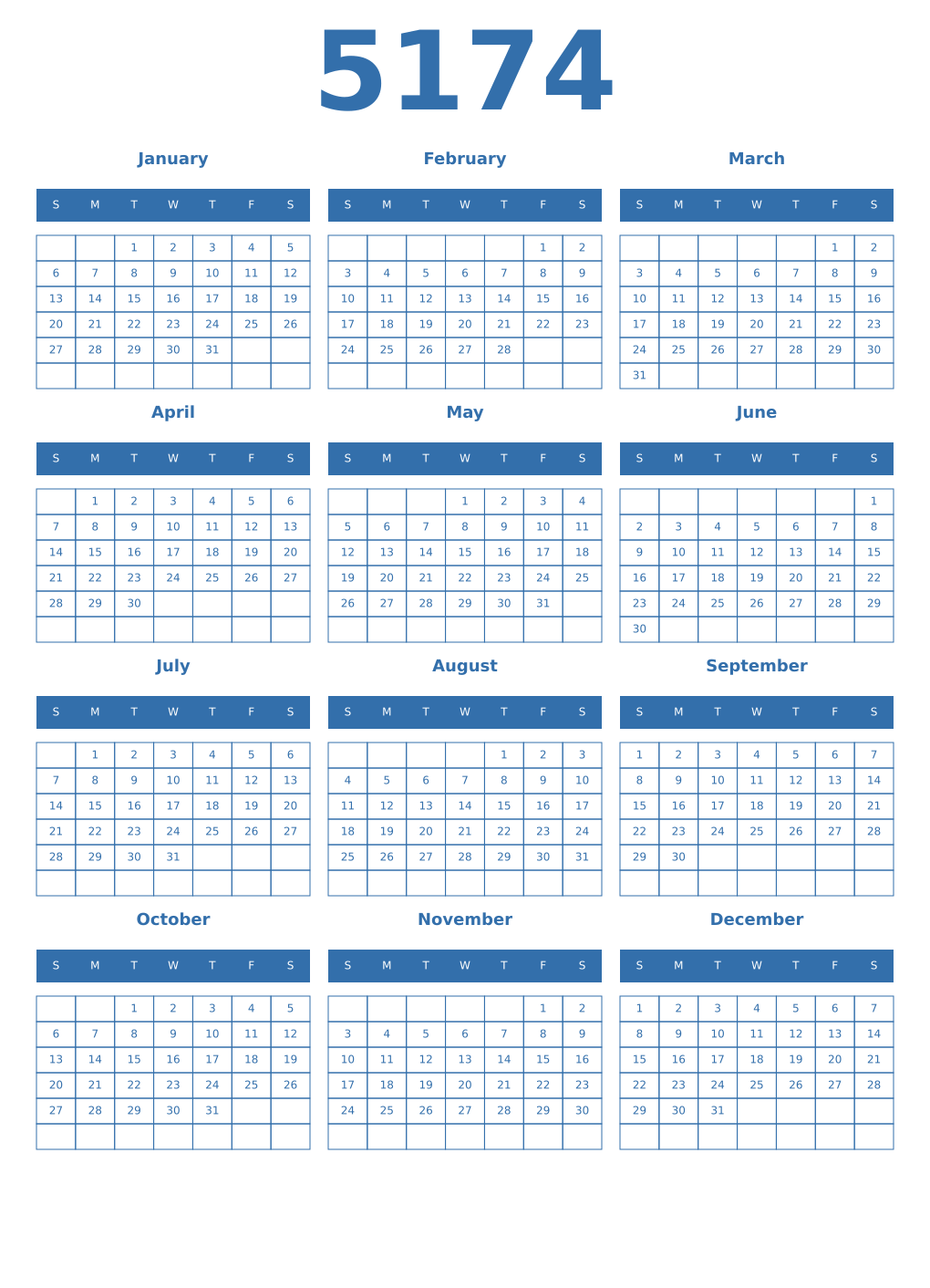 Printable 5174 Year Calendars blue
