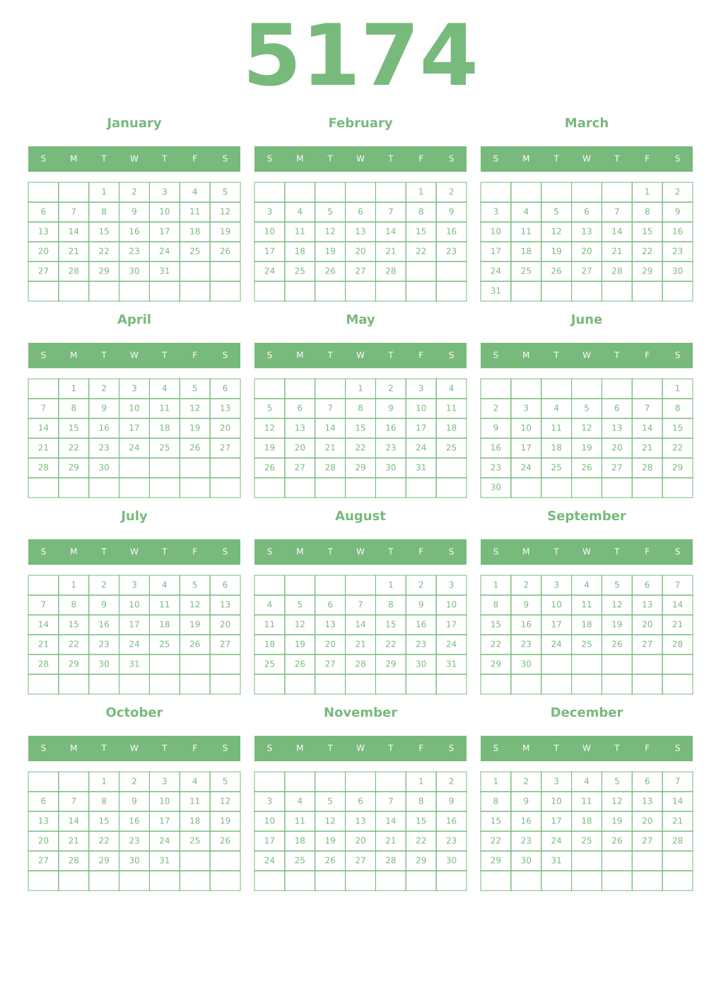 Printable 5174 Year Calendars celadon
