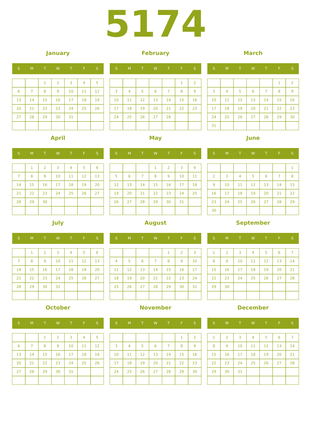 Printable 5174 Year Calendars chartreuse