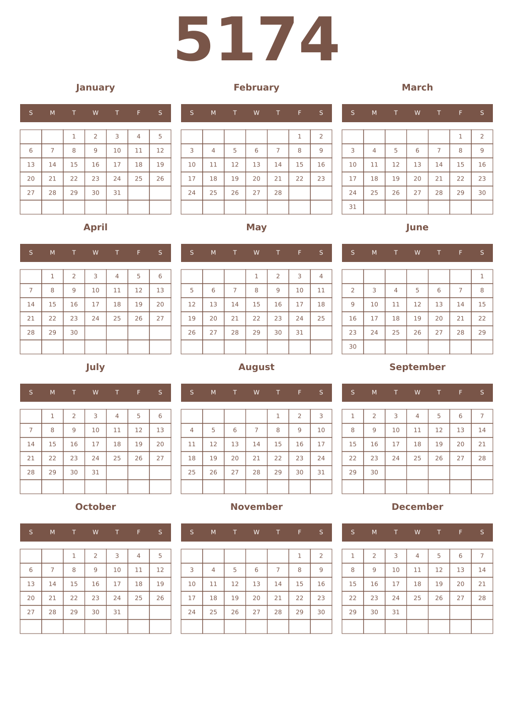 Printable 5174 Year Calendars coffe
