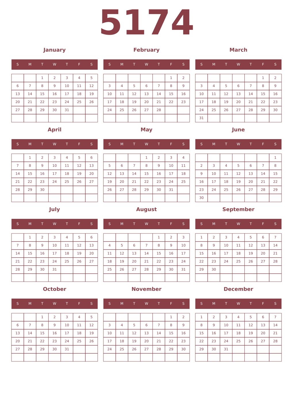 Printable 5174 Year Calendars cordovan