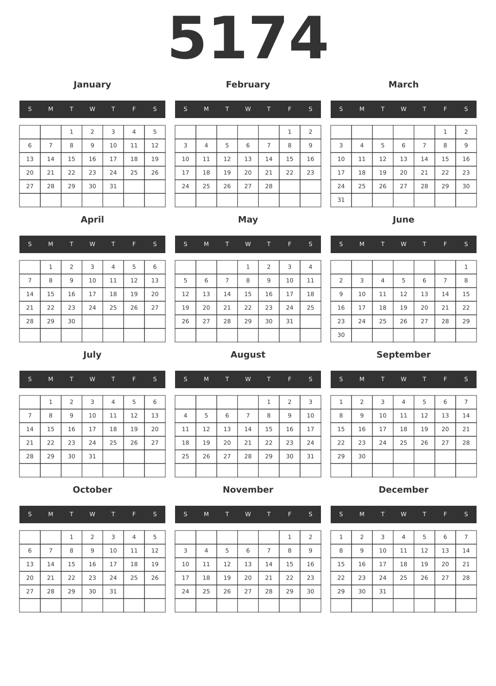 Printable 5174 Year Calendars dark