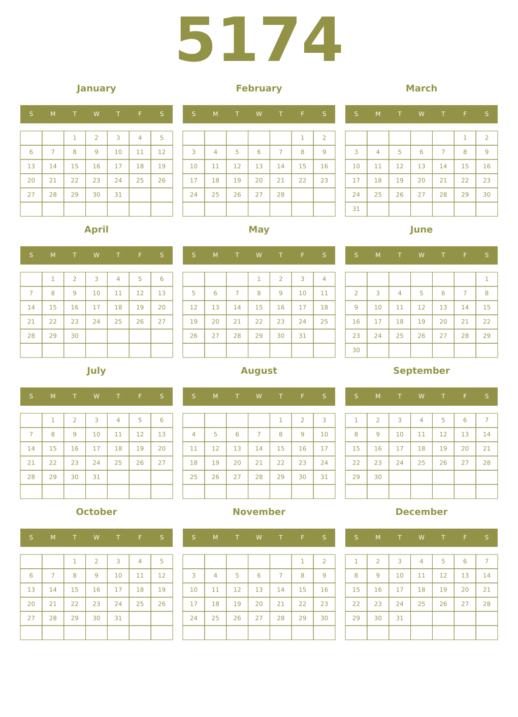 Printable 5174 Year Calendars eburnean