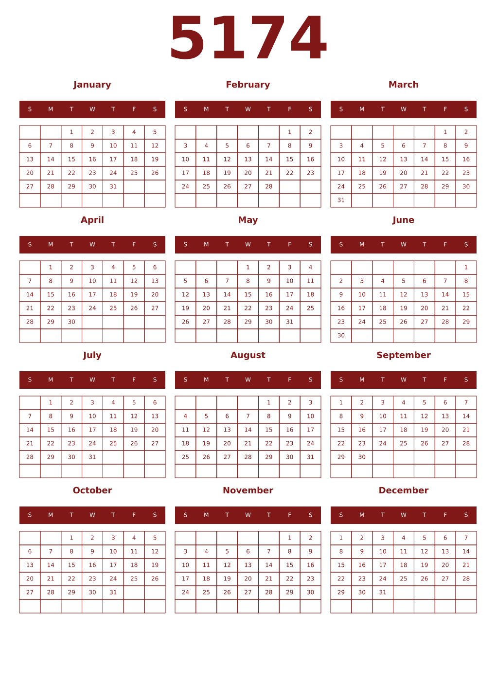 Printable 5174 Year Calendars falu