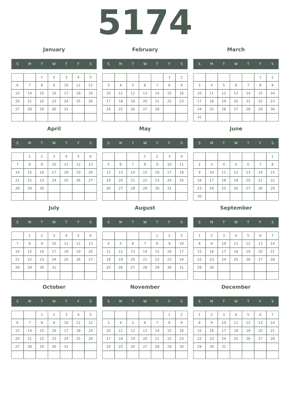 Printable 5174 Year Calendars feldgrau