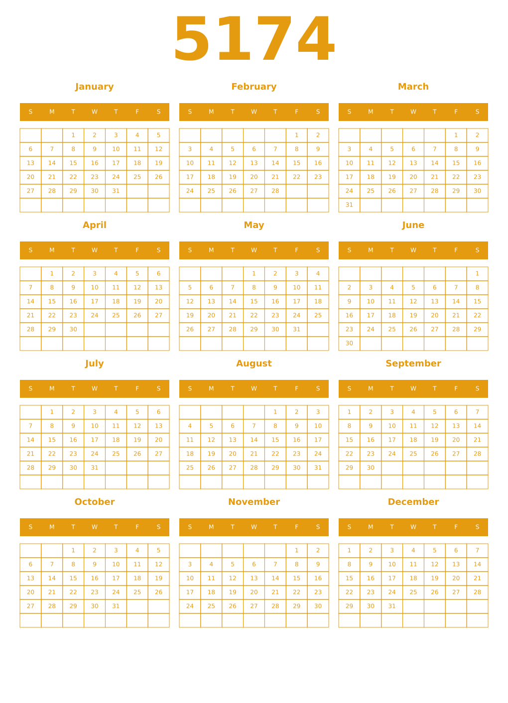 Printable 5174 Year Calendars gamboge