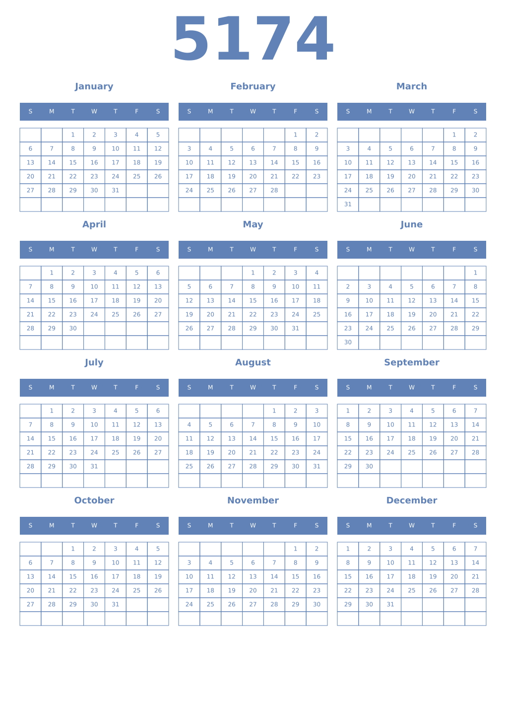 Printable 5174 Year Calendars glaucous
