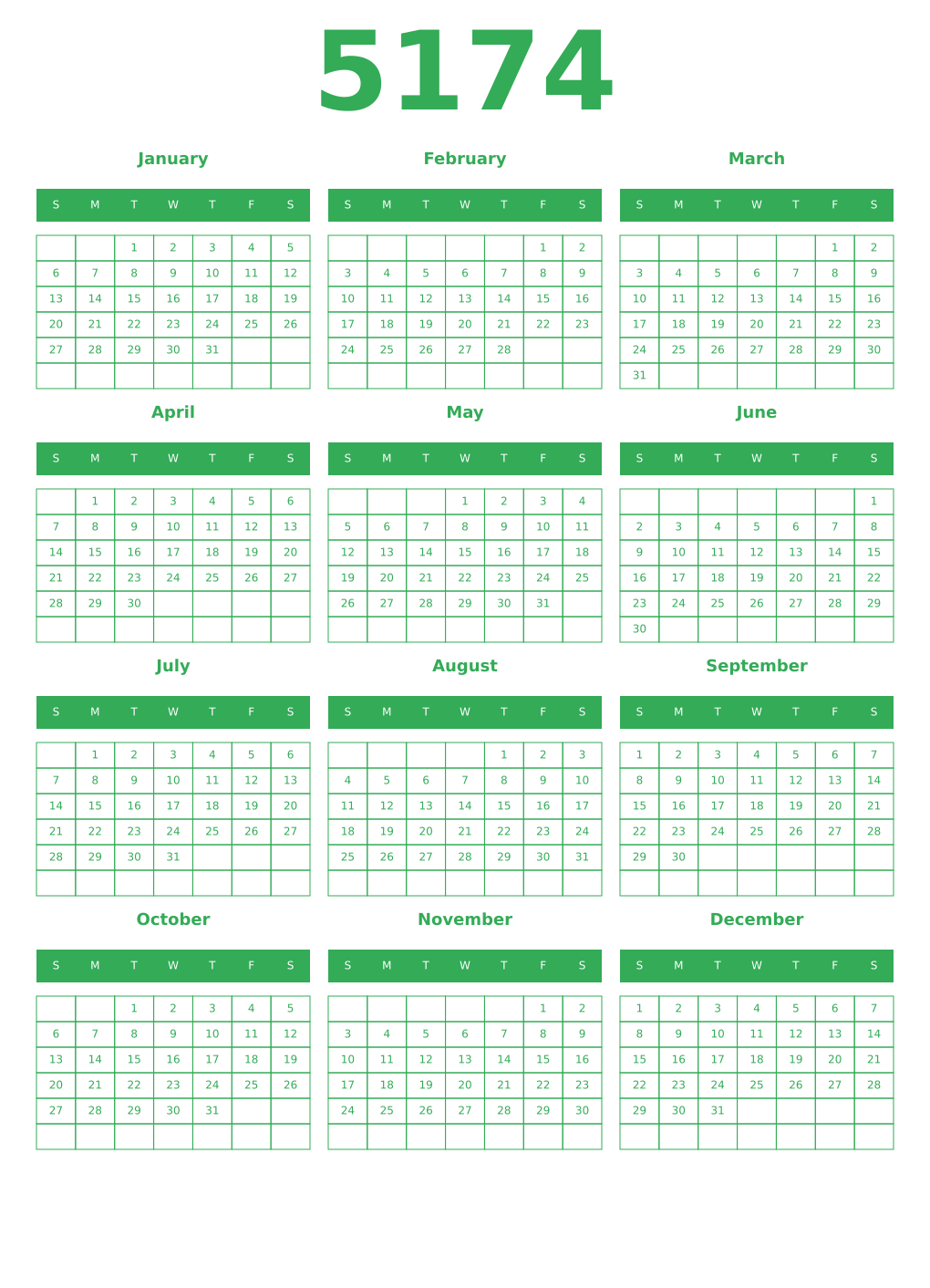 Printable 5174 Year Calendars green