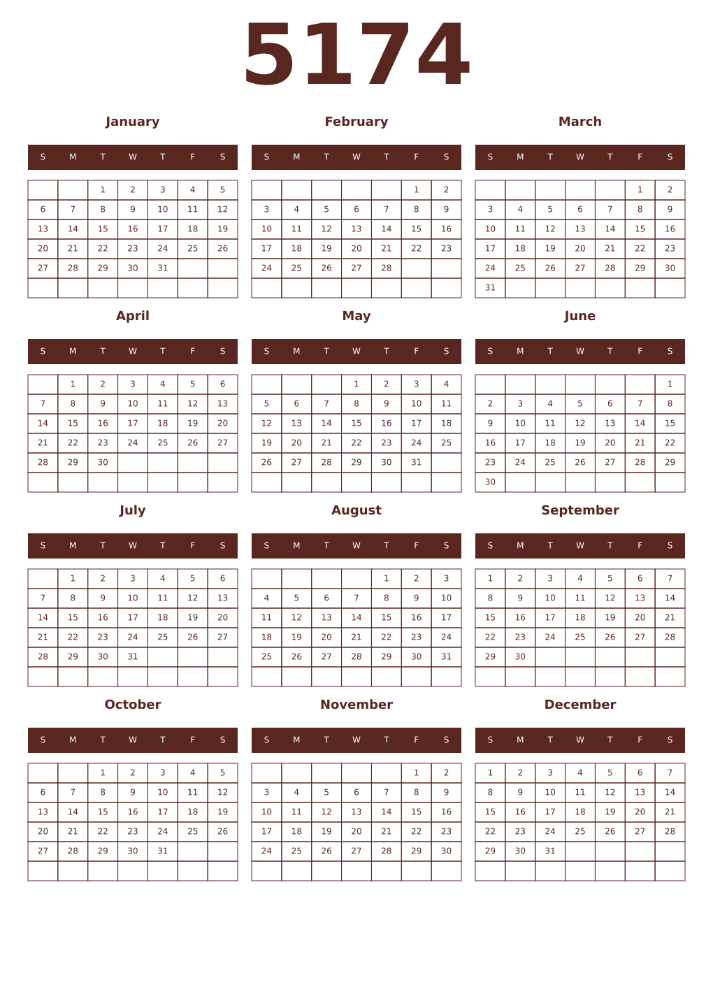 Printable 5174 Year Calendars mortuum