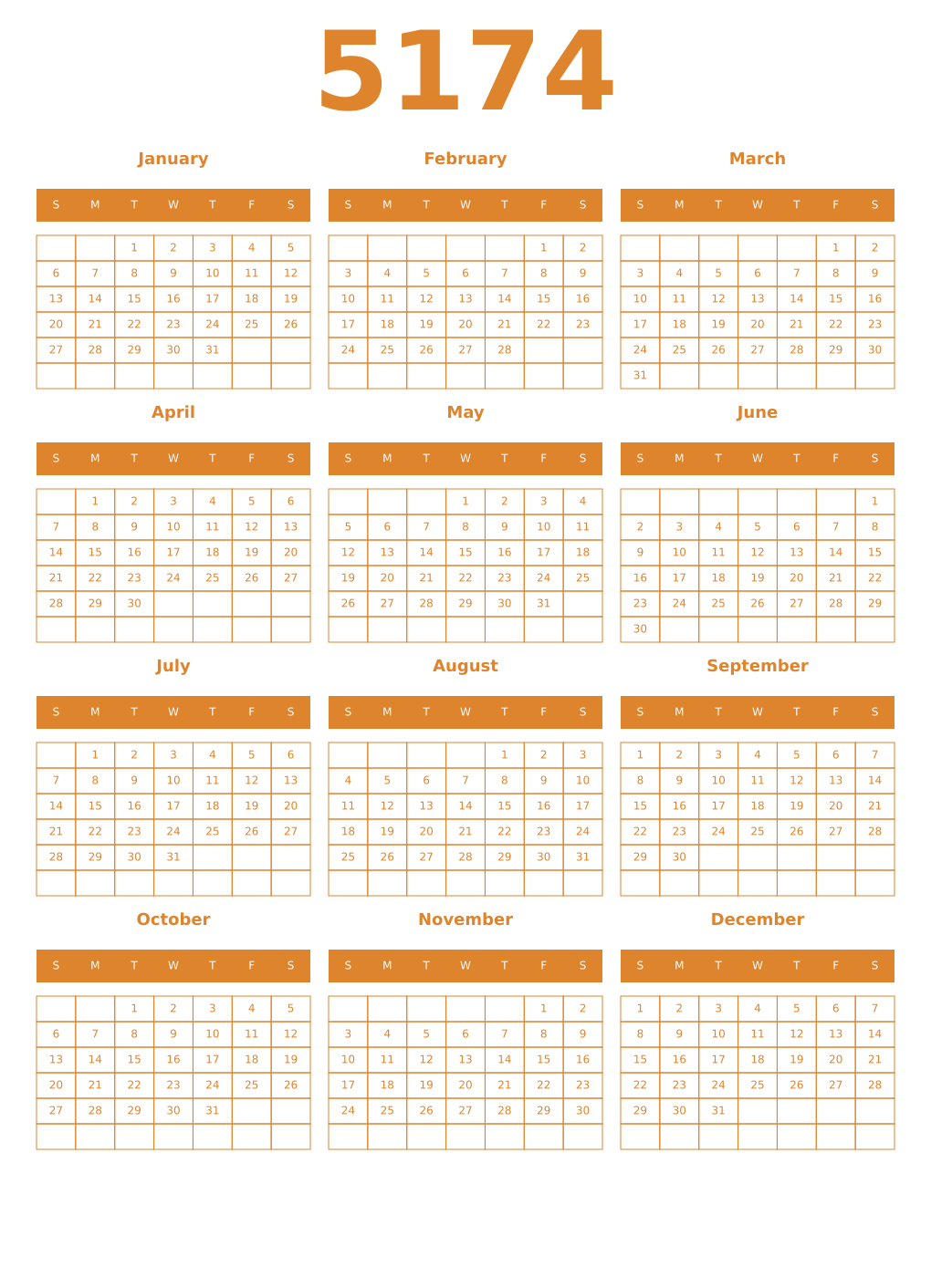 Printable 5174 Year Calendars orange