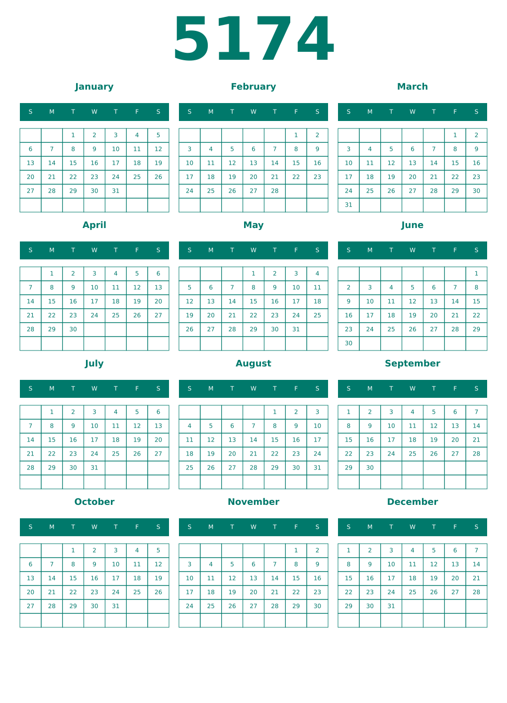 Printable 5174 Year Calendars pastel