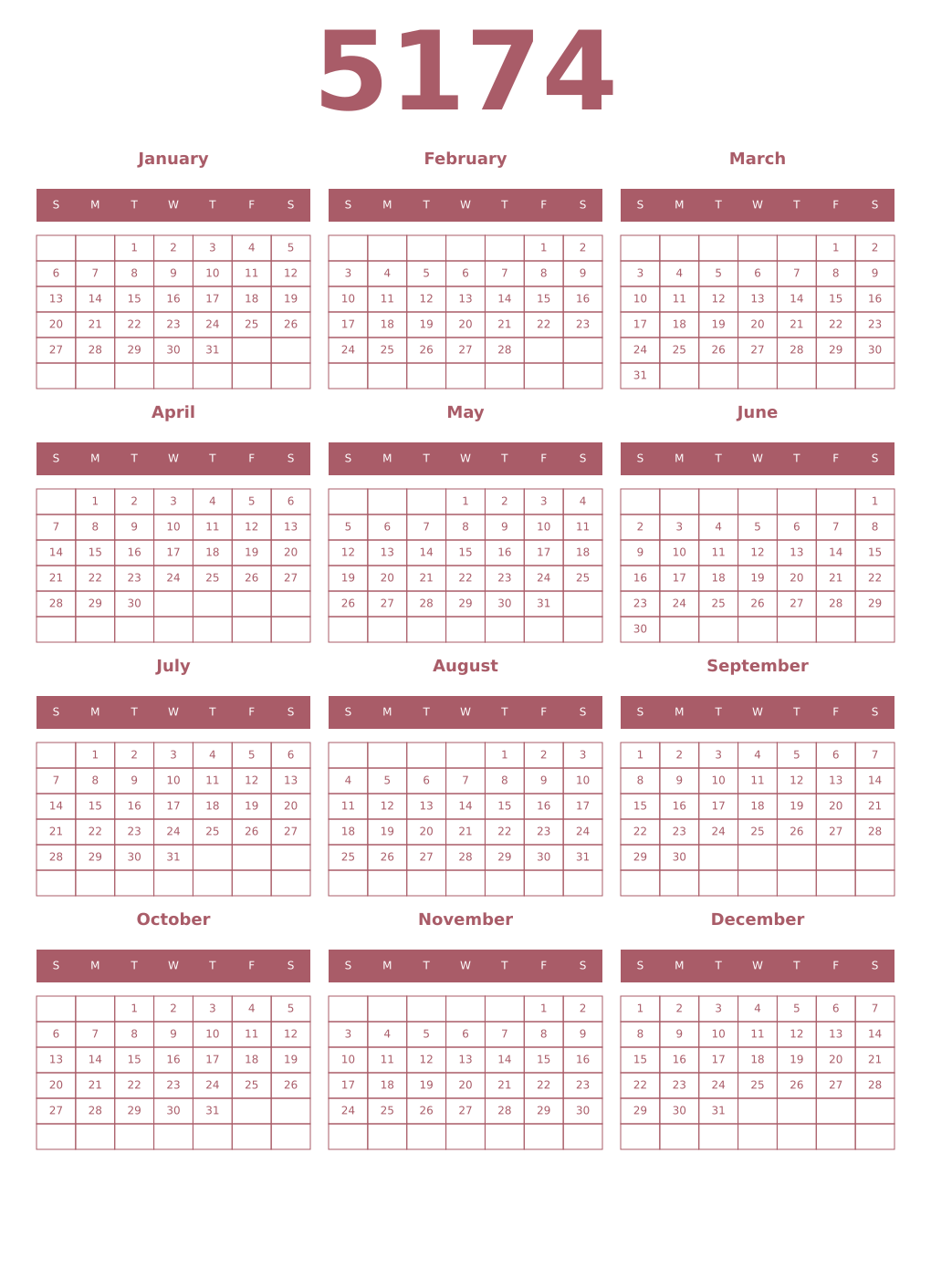 Printable 5174 Year Calendars puce