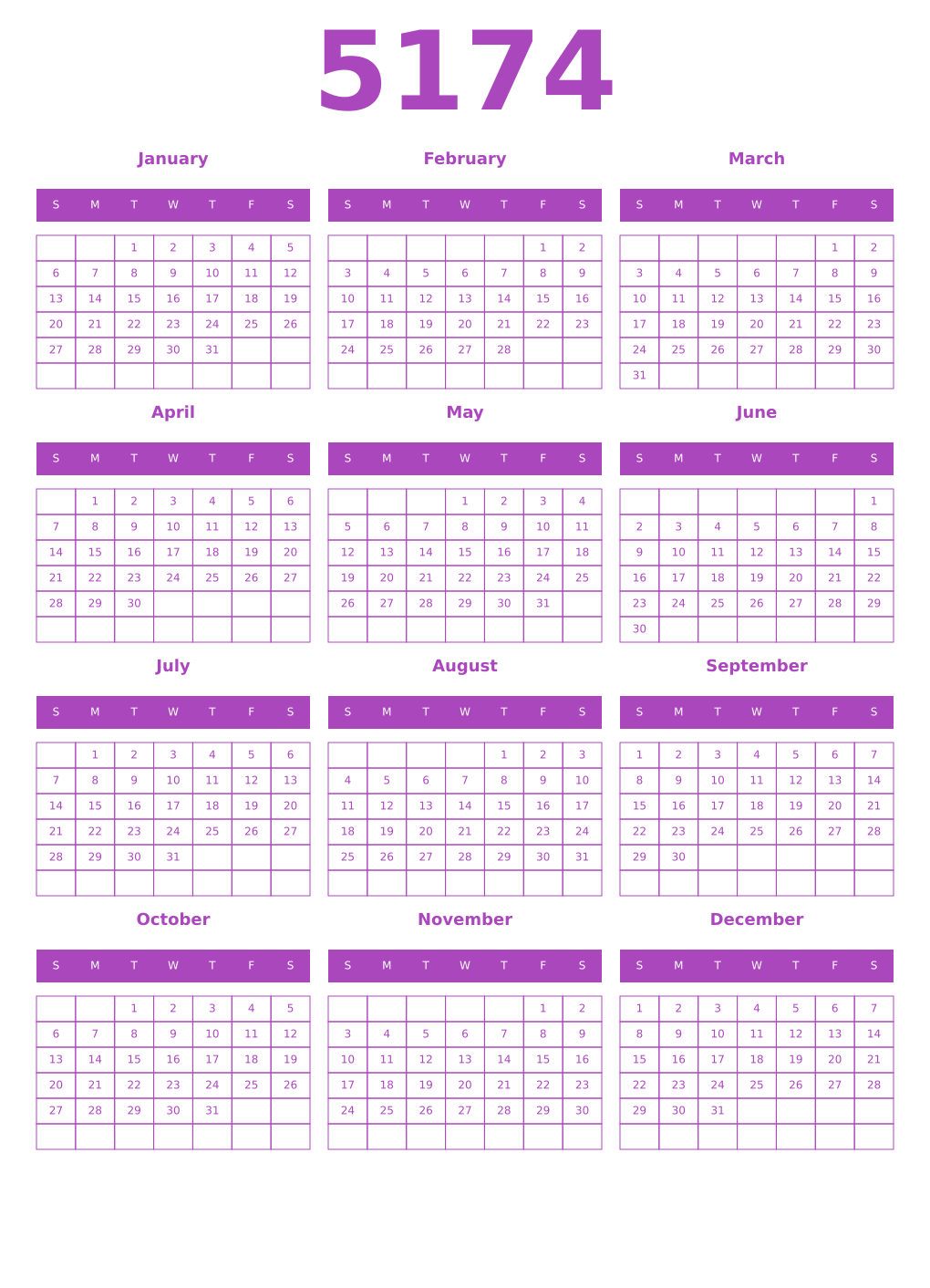 Printable 5174 Year Calendars purple