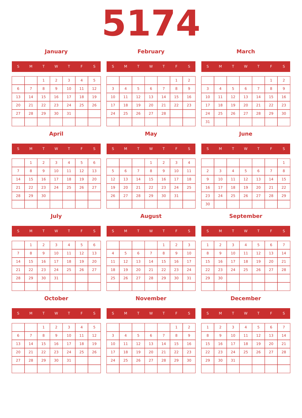 Printable 5174 Year Calendars red
