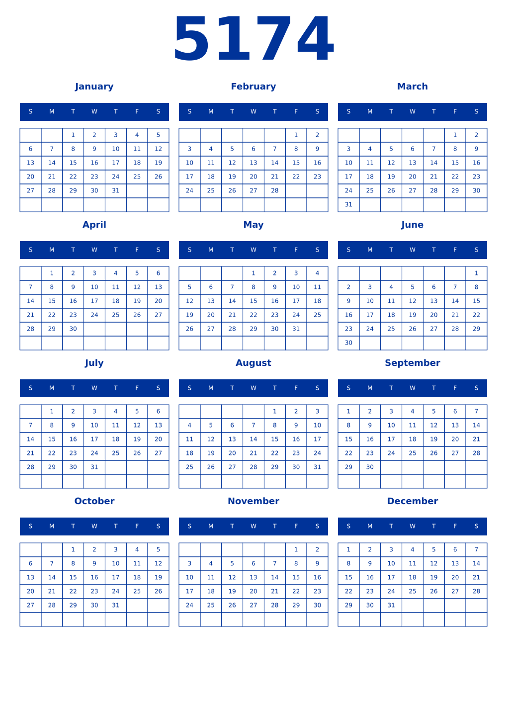 Printable 5174 Year Calendars smalt