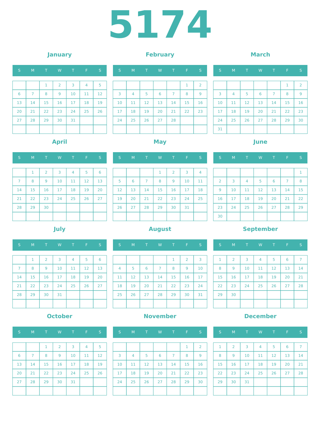Printable 5174 Year Calendars verdigris