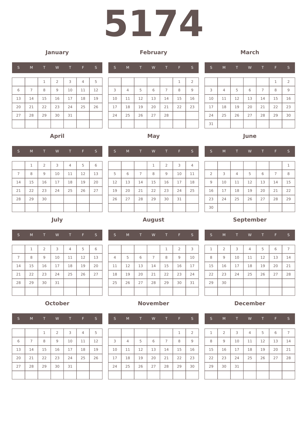 Printable 5174 Year Calendars wenge