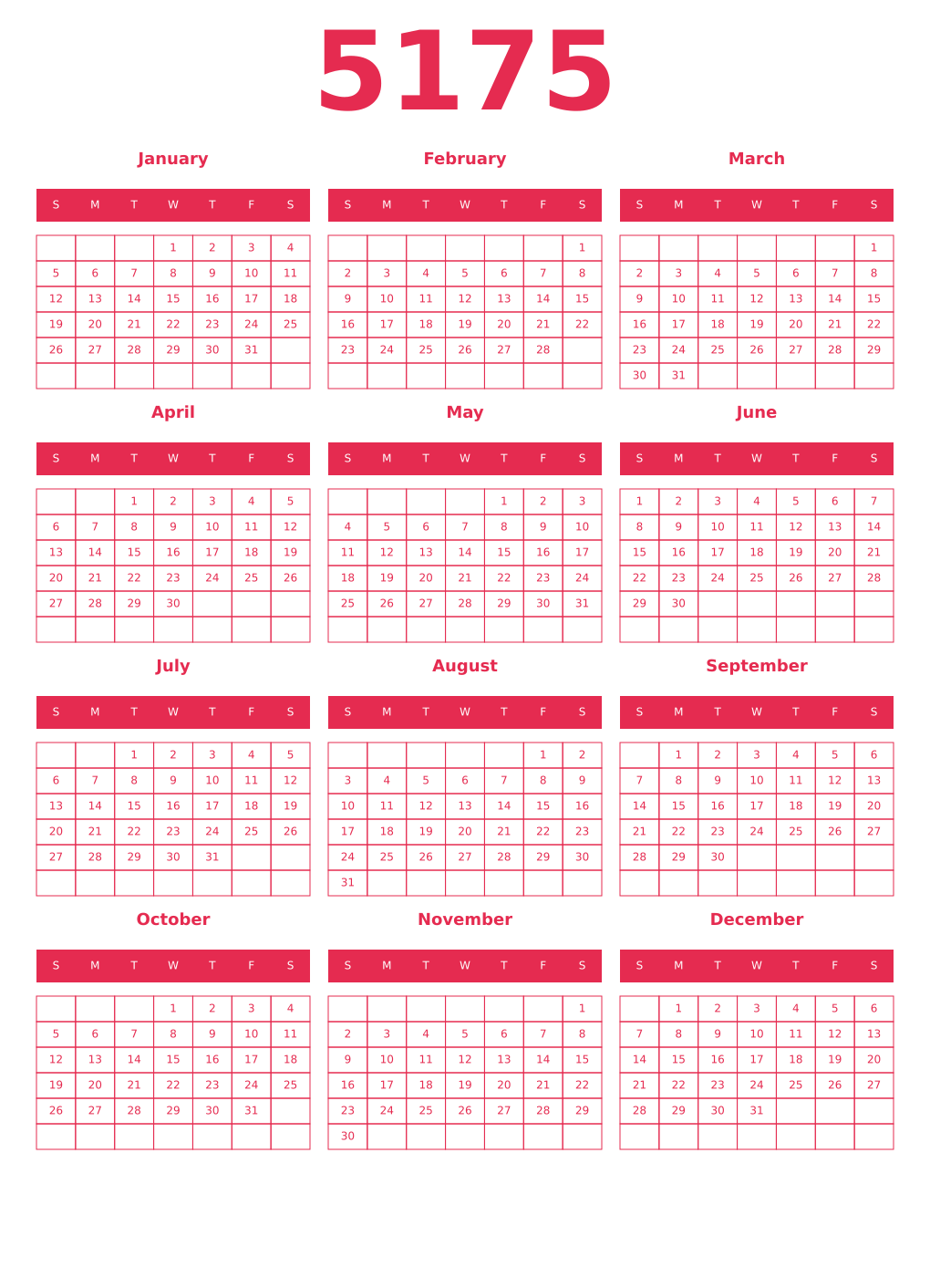 Printable 5175 Year Calendars amaranth