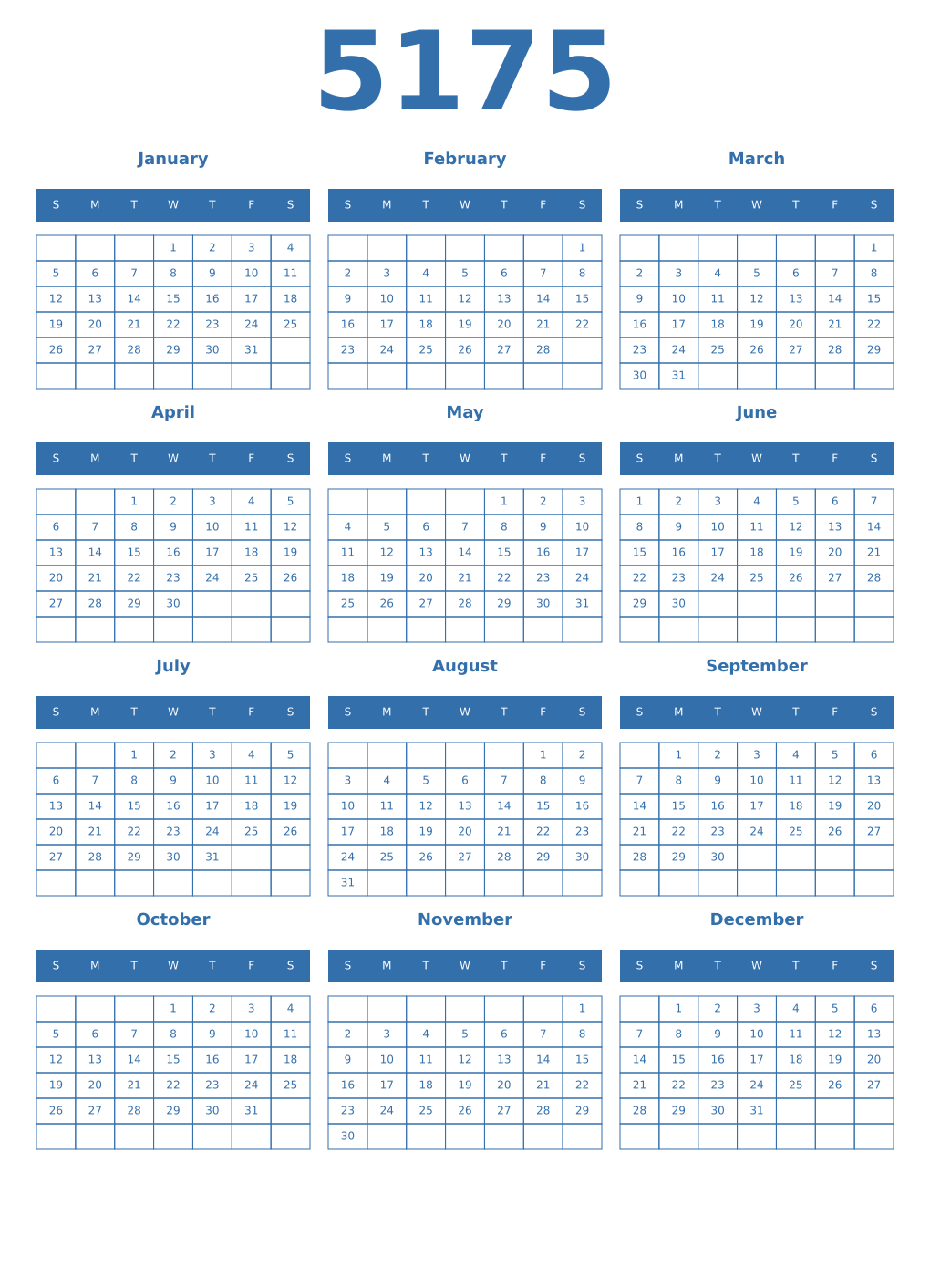 Printable 5175 Year Calendars blue