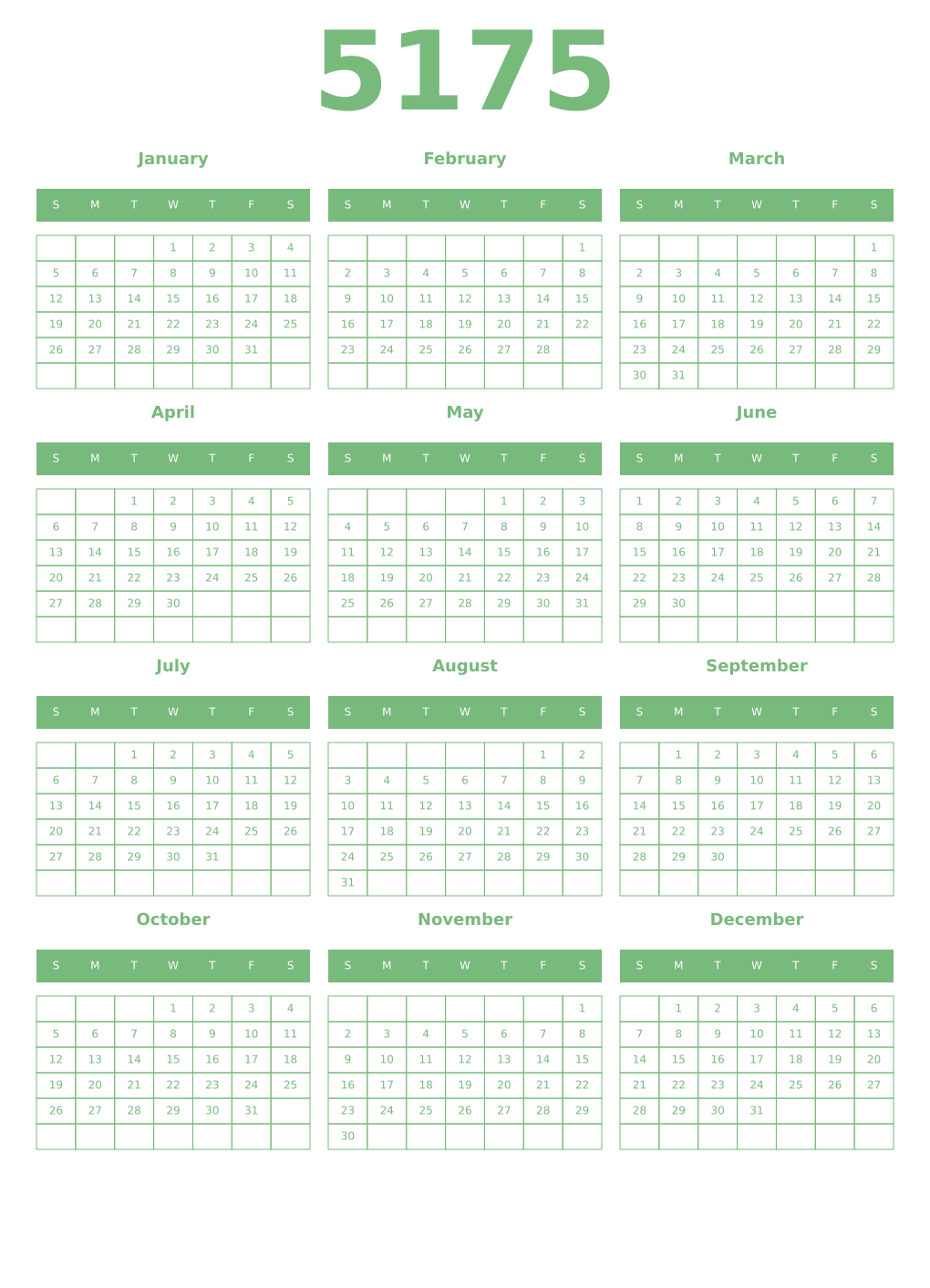 Printable 5175 Year Calendars celadon