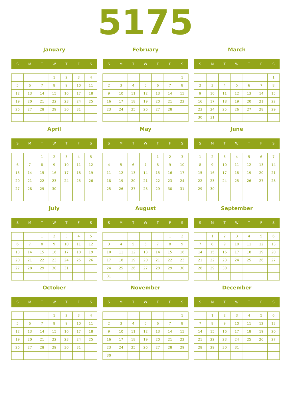Printable 5175 Year Calendars chartreuse