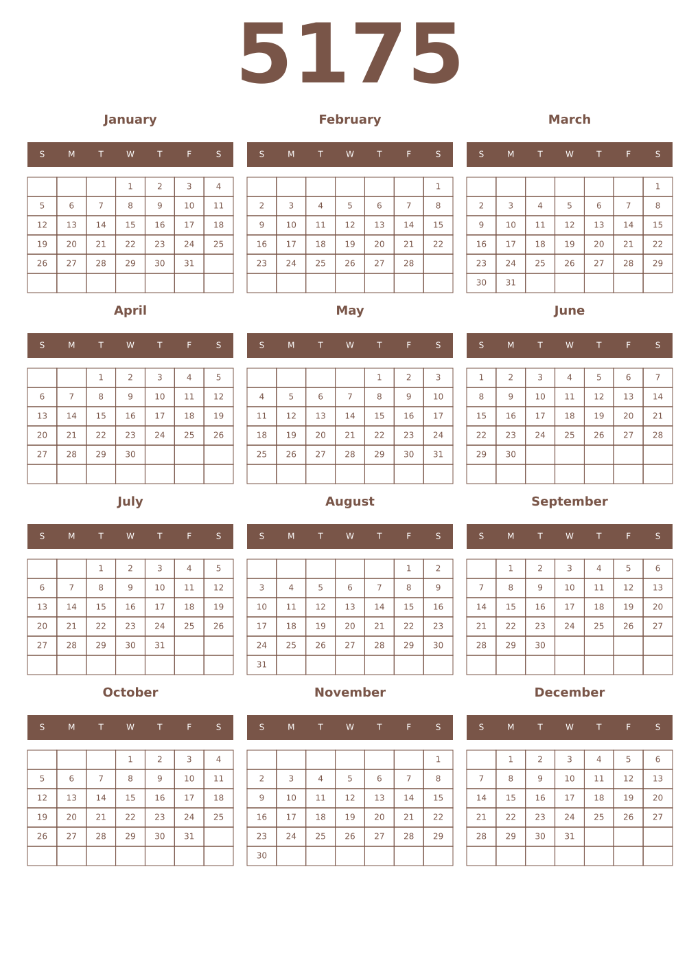 Printable 5175 Year Calendars coffe